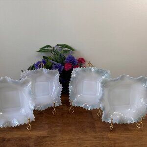 Vintage Milk Glass Bowls Set Iridescent Ruffled‎ Sawtooth Edge Pastel Blue